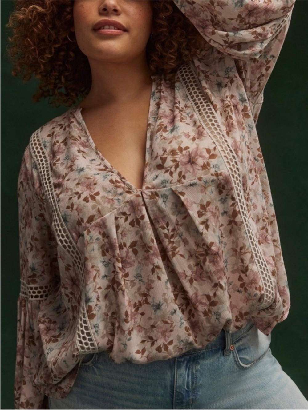 Boho Floral V-Neck Lace-Trim Blouse - Pink & Cream - Picture 6 of 15
